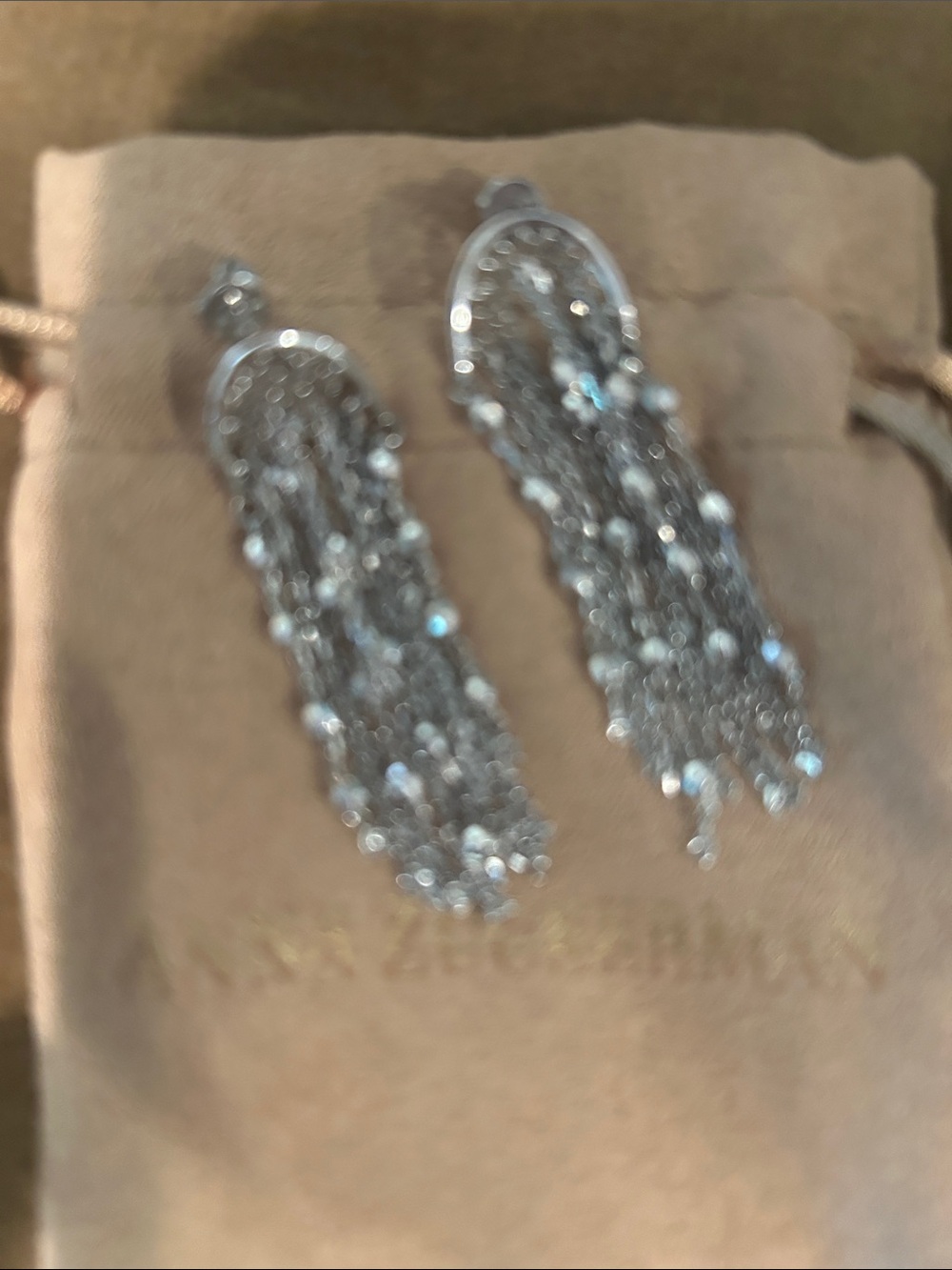 Anna Zuckerman earrings w Cascading Chains and Diamond Coated Crystalline Stone
